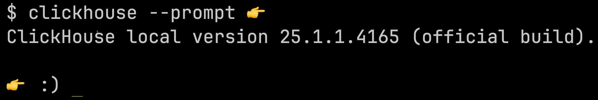 ClickHouse client prompt with finger emoji - Zoomed