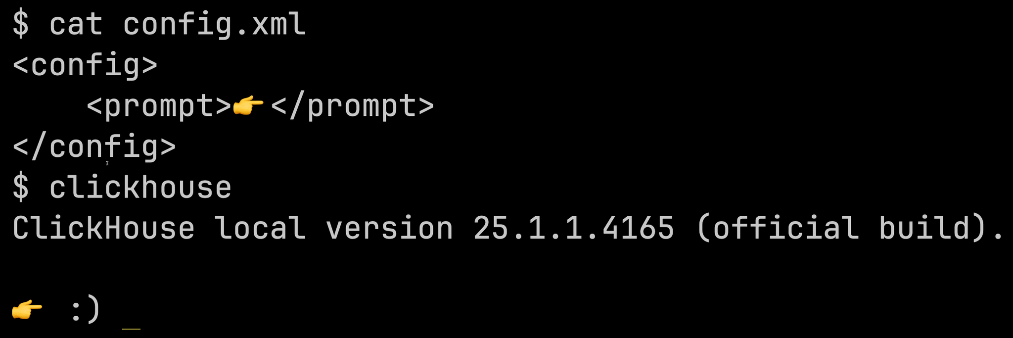 ClickHouse client prompt with config file - Zoomed