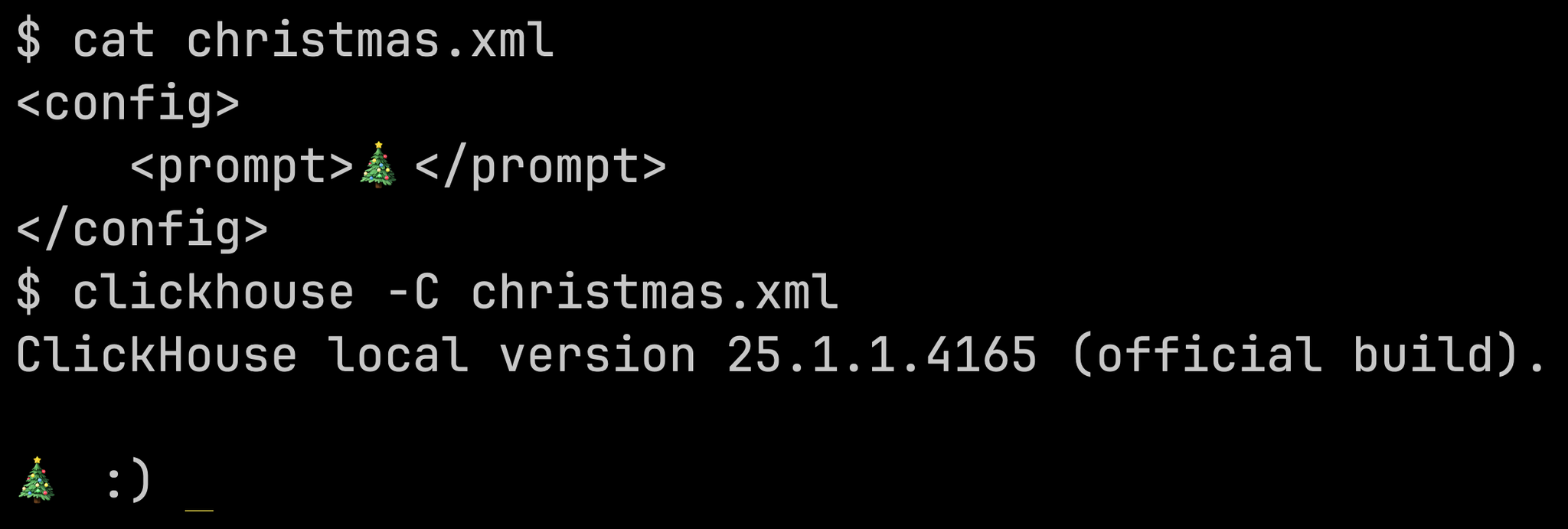 ClickHouse client prompt with Christmas tree emoji - Zoomed